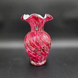 Fenton Hand Painted Pink Green Swirl Art Glass Vase Ruffled Top Signed